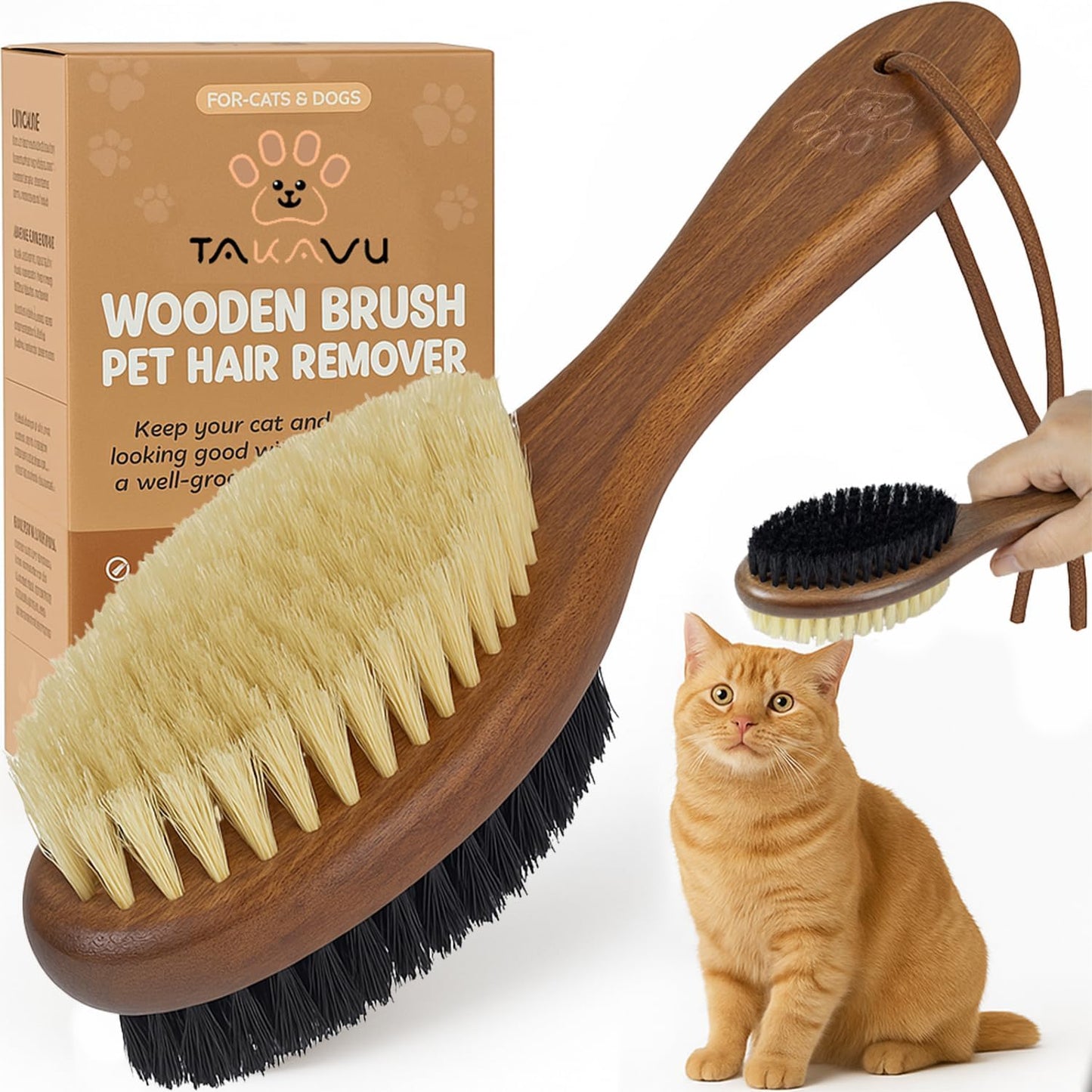 TAKAVU Soft Cat Brush for Indoor Cats - Natural Boar Bristle Grooming Brush for Long Hair & Short Hair, Gentle on Sensitive Skin, Wooden Handle Hair Brush for Kittens and Pet - Image 9