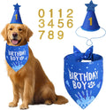 Agroon dog birthday party supplies blue set front view showing the boy pet bandana and hat