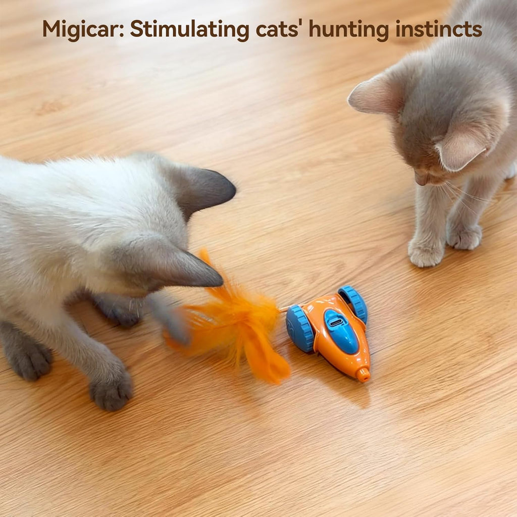 Motion activated robotic kitten toy rolling smoothly across hardwood flooring.
