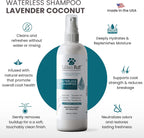 Lillian Ruff dog dry shampoo spray with green grooming brush