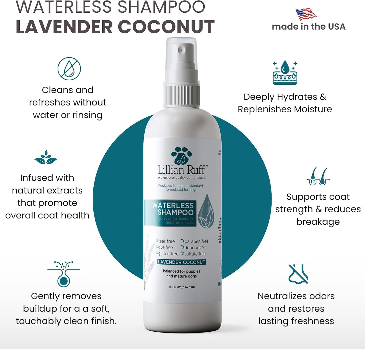 Lillian Ruff dog dry shampoo spray with green grooming brush