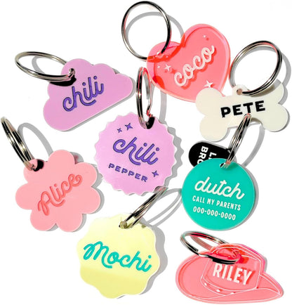Custom engraved acrylic pet name charm attached to a dog collar