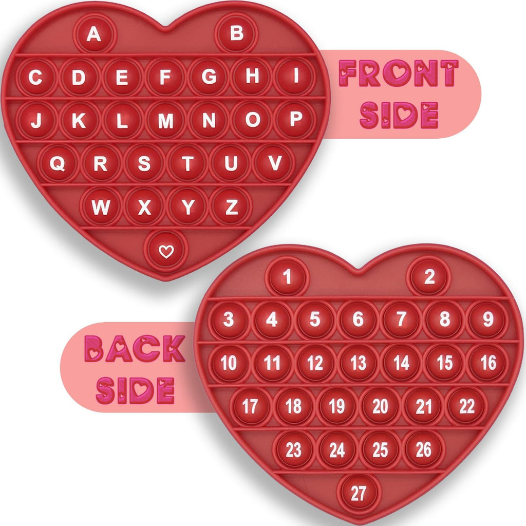 PETBSNVB red heart shaped pop bubble fidget toy front alphabet side view