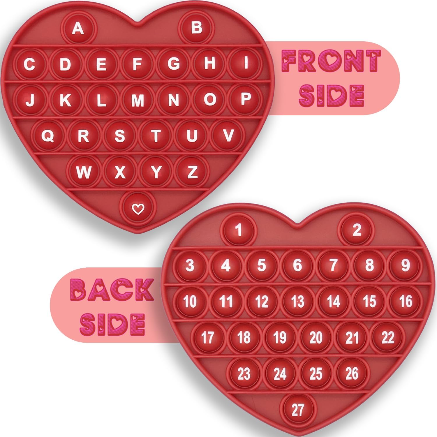 PETBSNVB red heart shaped pop bubble fidget toy front alphabet side view