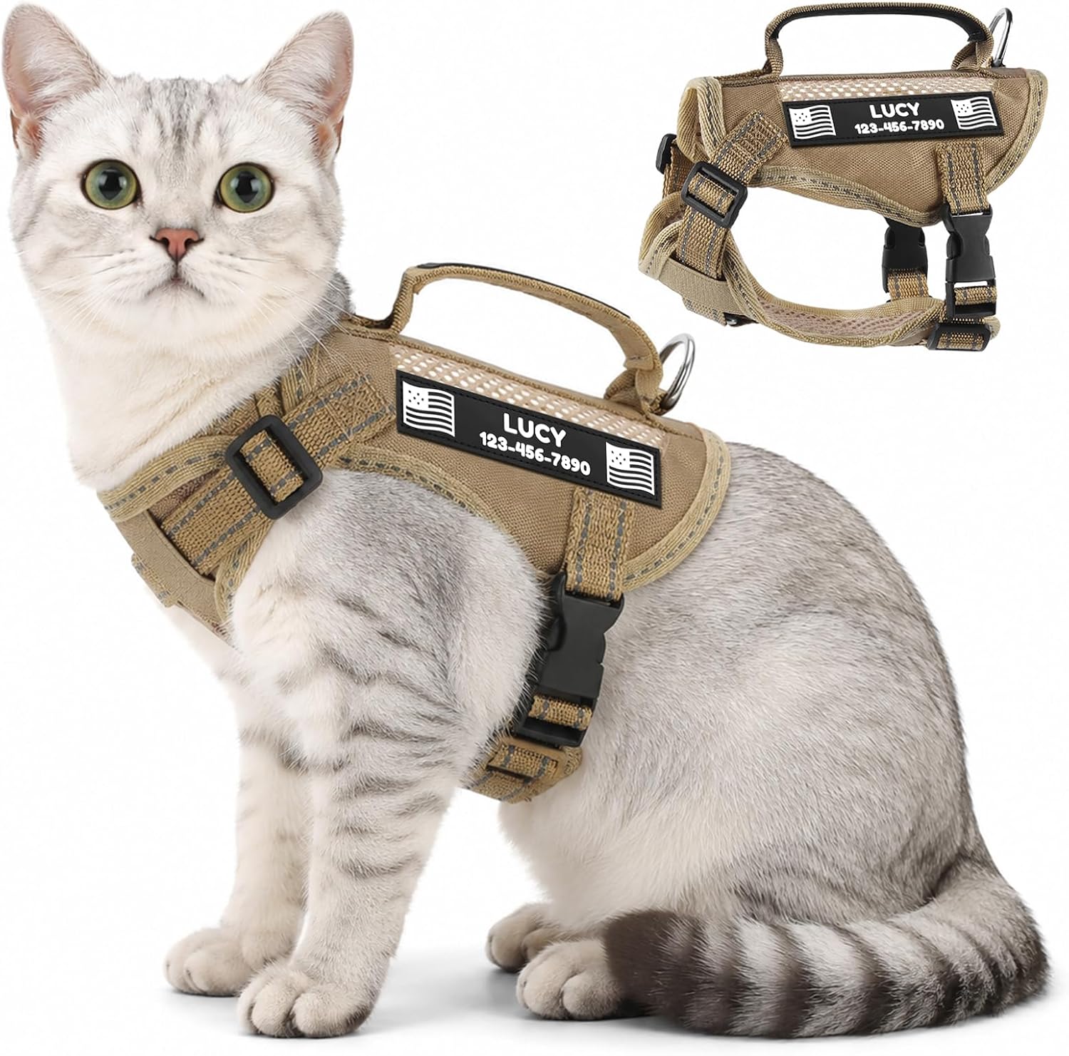 Echo Pounce tactical cat harness front view showing khaki escape proof vest design.