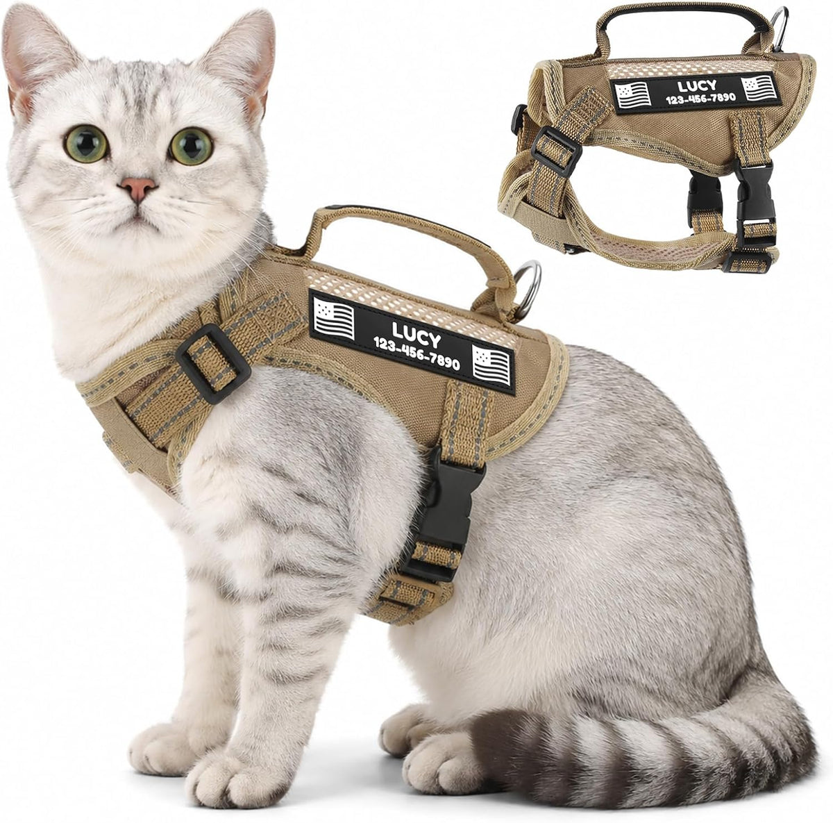 Echo Pounce tactical cat harness front view showing khaki escape proof vest design.