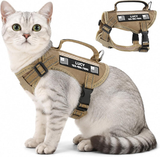 Echo Pounce tactical cat harness front view showing khaki escape proof vest design.