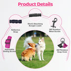 Shock absorbing bungee dog leash extension minimizing pulling strain.
