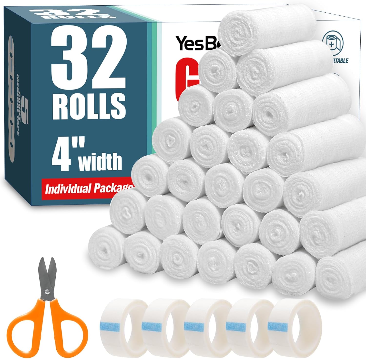 YesBes Premium Gauze Rolls front view package showing thirty two individually wrapped bandage rolls.