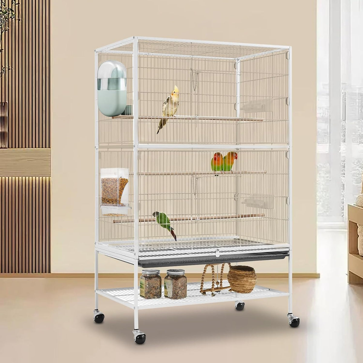 Side profile of the Lemtrflo parrot cage feeder and water dispenser.