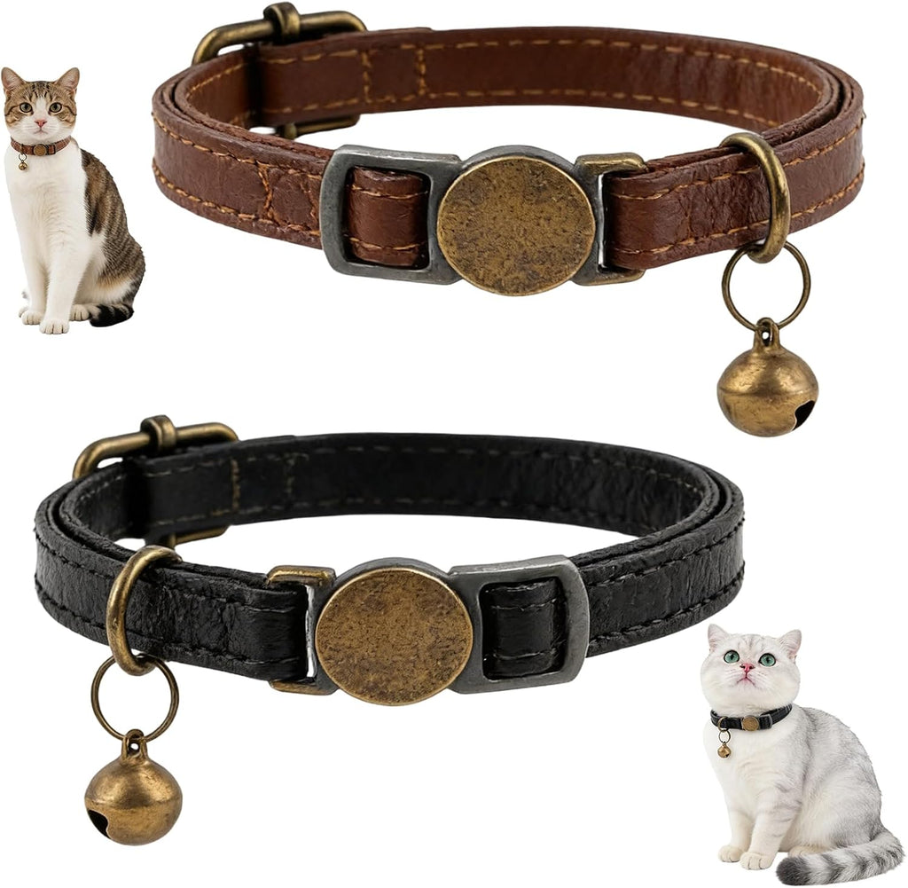 LUSTRIB Retro Leather Cat Collar front view showcasing adjustable black and brown breakaway straps with brass bells.