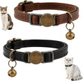 LUSTRIB Retro Leather Cat Collar front view showcasing adjustable black and brown breakaway straps with brass bells.