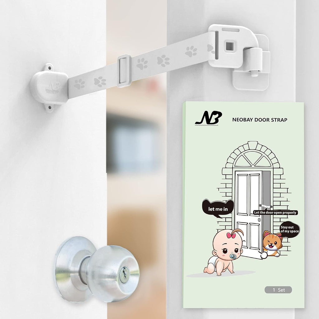 Neobay child proof door lock front view showcasing the adjustable strap and adhesive pad on a white interior room door.