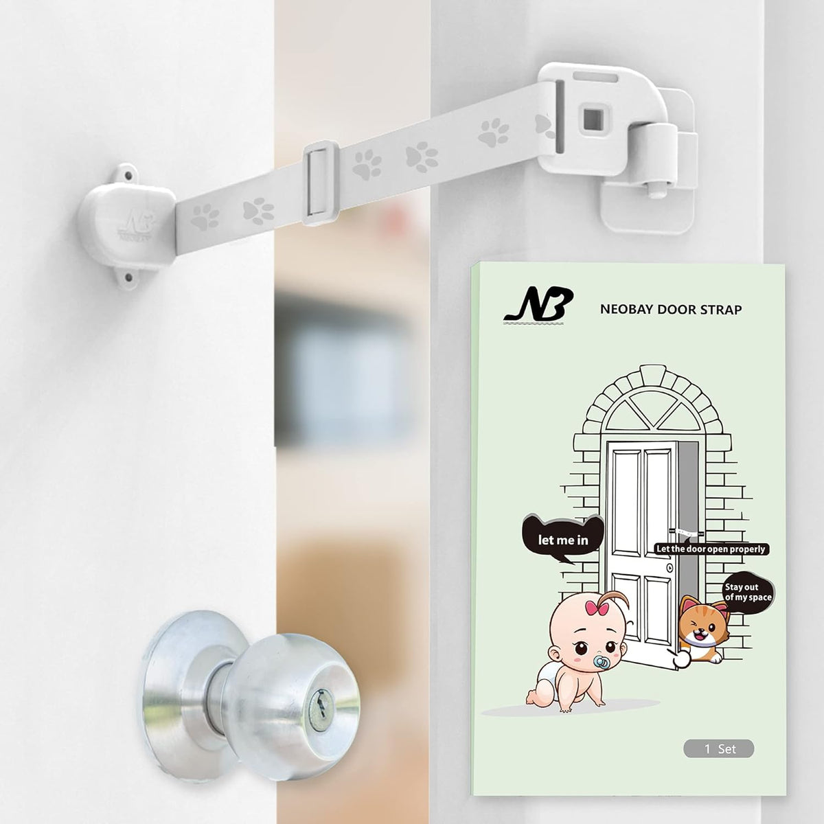 Neobay child proof door lock front view showcasing the adjustable strap and adhesive pad on a white interior room door.