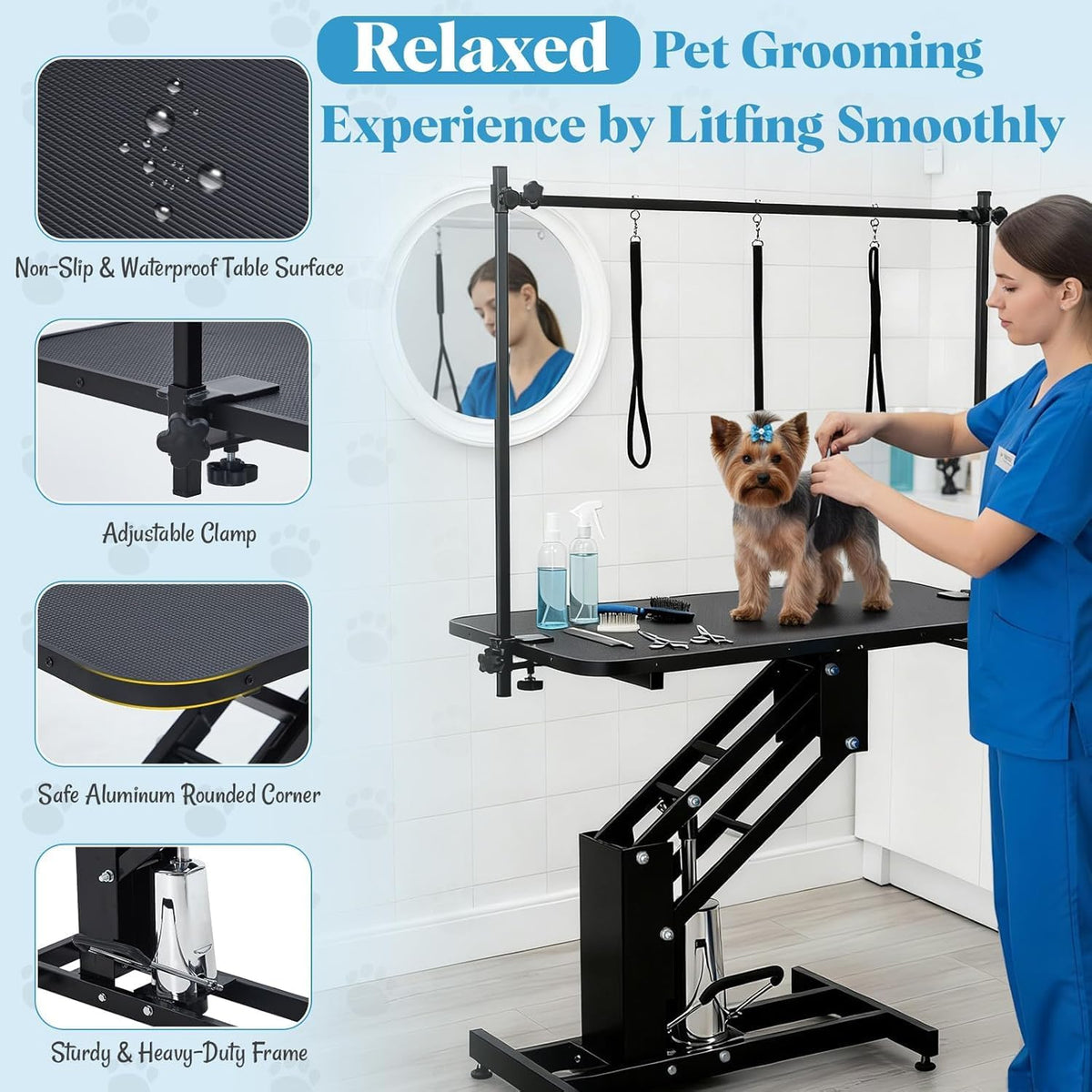Professional pet grooming table with adjustable overhead arm and secure loops