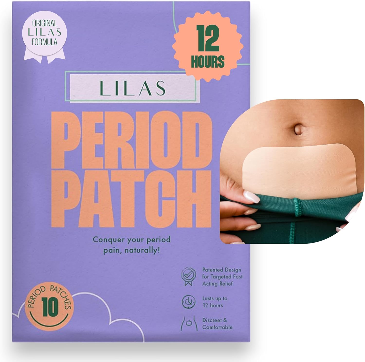 LILAS Period Cramps Pain Relief Patch 10 Pack front view showing packaging details.
