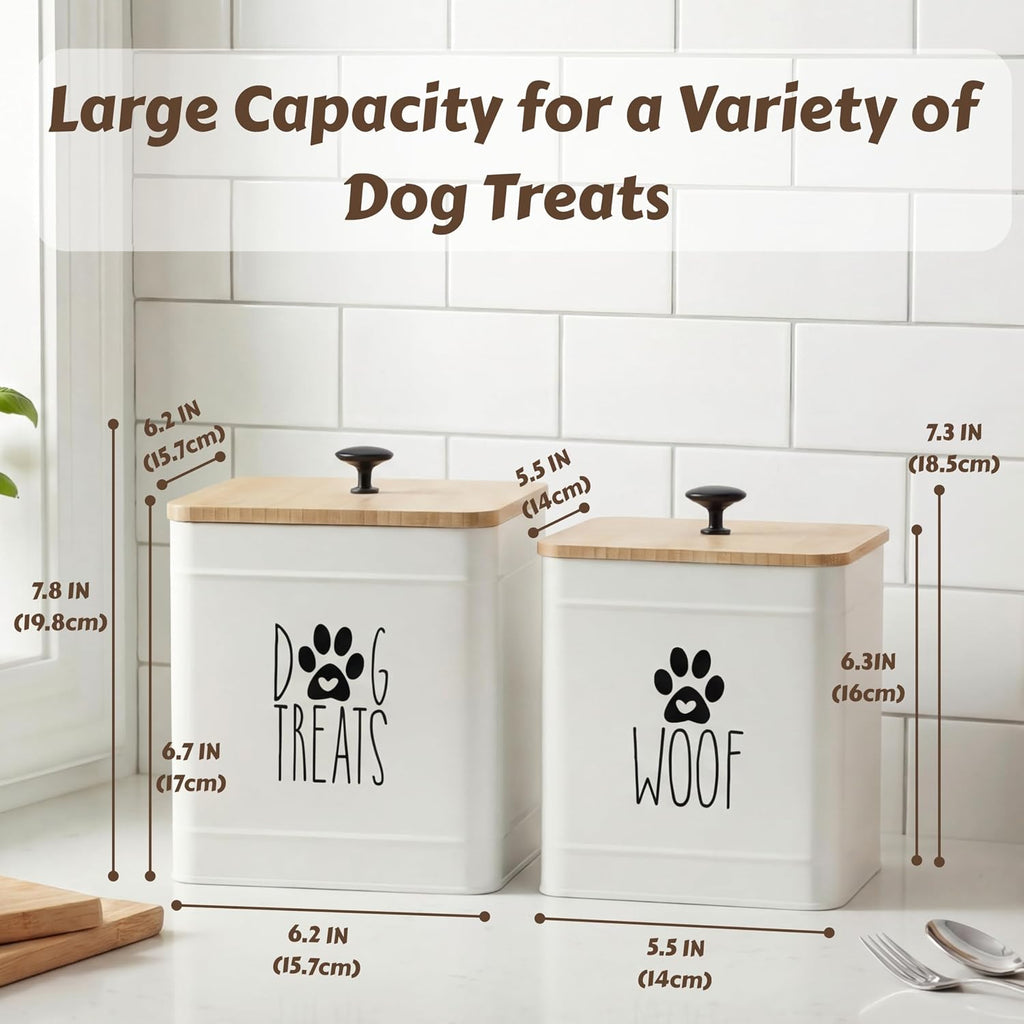 Two piece metal dog cookie jar set on kitchen counter