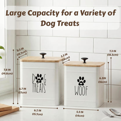 Two piece metal dog cookie jar set on kitchen counter