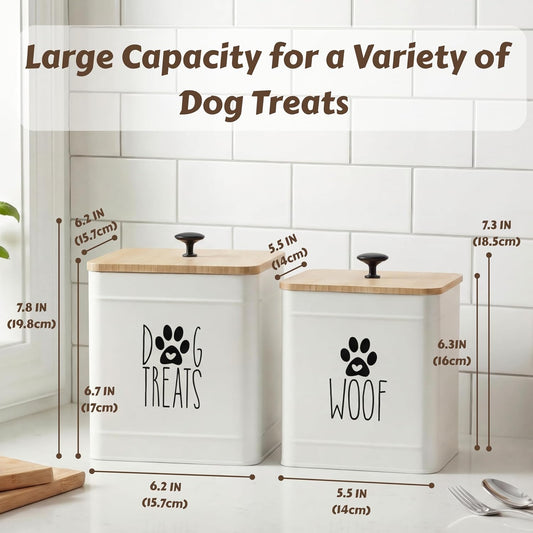 Two piece metal dog cookie jar set on kitchen counter