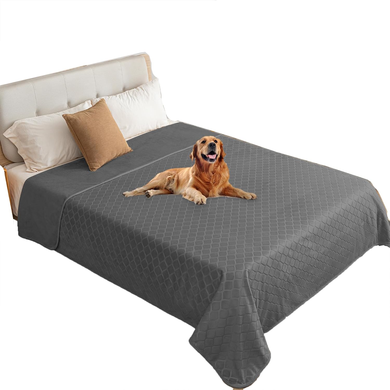 Fuguitex Moroccan style fuzzy cozy plush pet blanket styled as a premium throw on a bedroom mattress.
