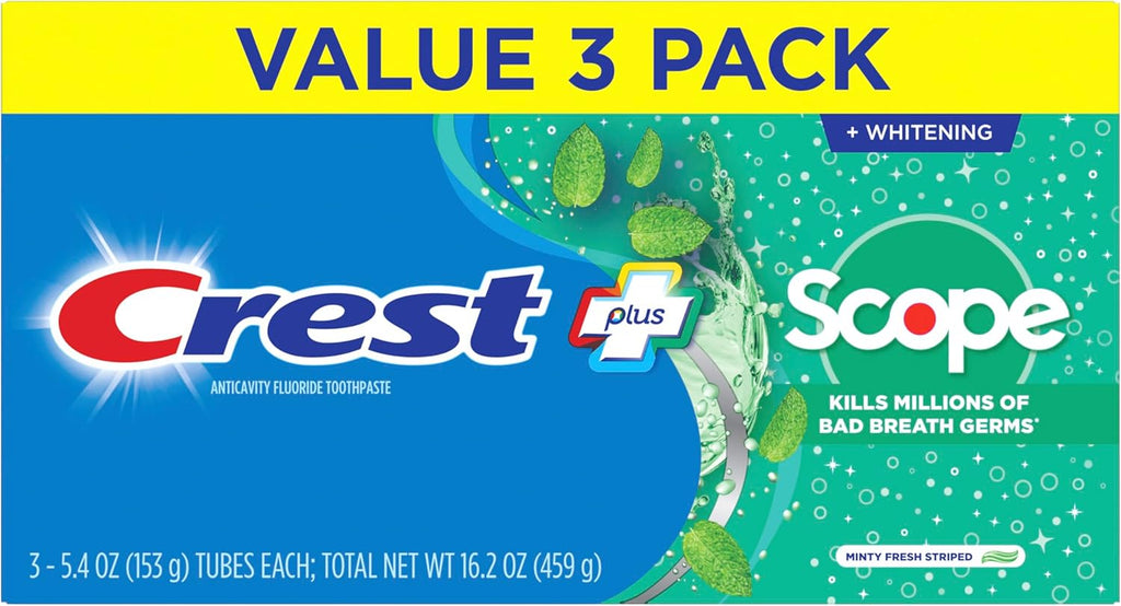 Crest + Scope Whitening Toothpaste - Pack of 3, 5.4 Oz Tubes - Anticavity Fluoride Toothpaste, Fresh Breath, Kills Germs - Tartar Protection, Enamel Protection - Minty Fresh Flavor - Image 7