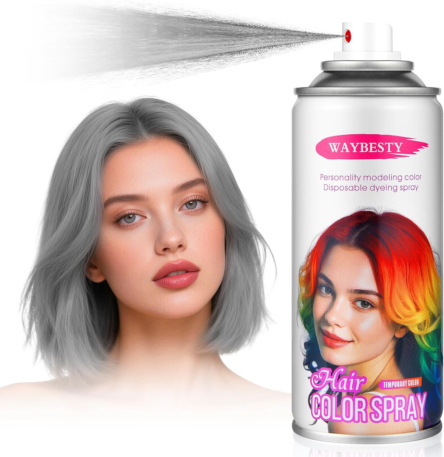 Waybesty grey temporary hair color spray silver front view showing packaging details