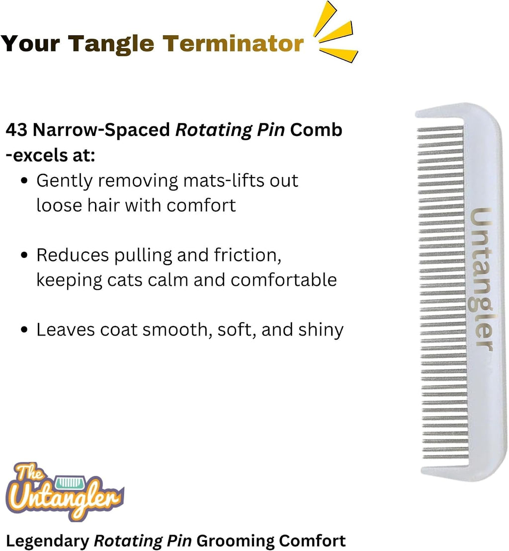 Close up of 43 rotating stainless steel teeth on Untangler comb