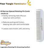 Close up of 43 rotating stainless steel teeth on Untangler comb