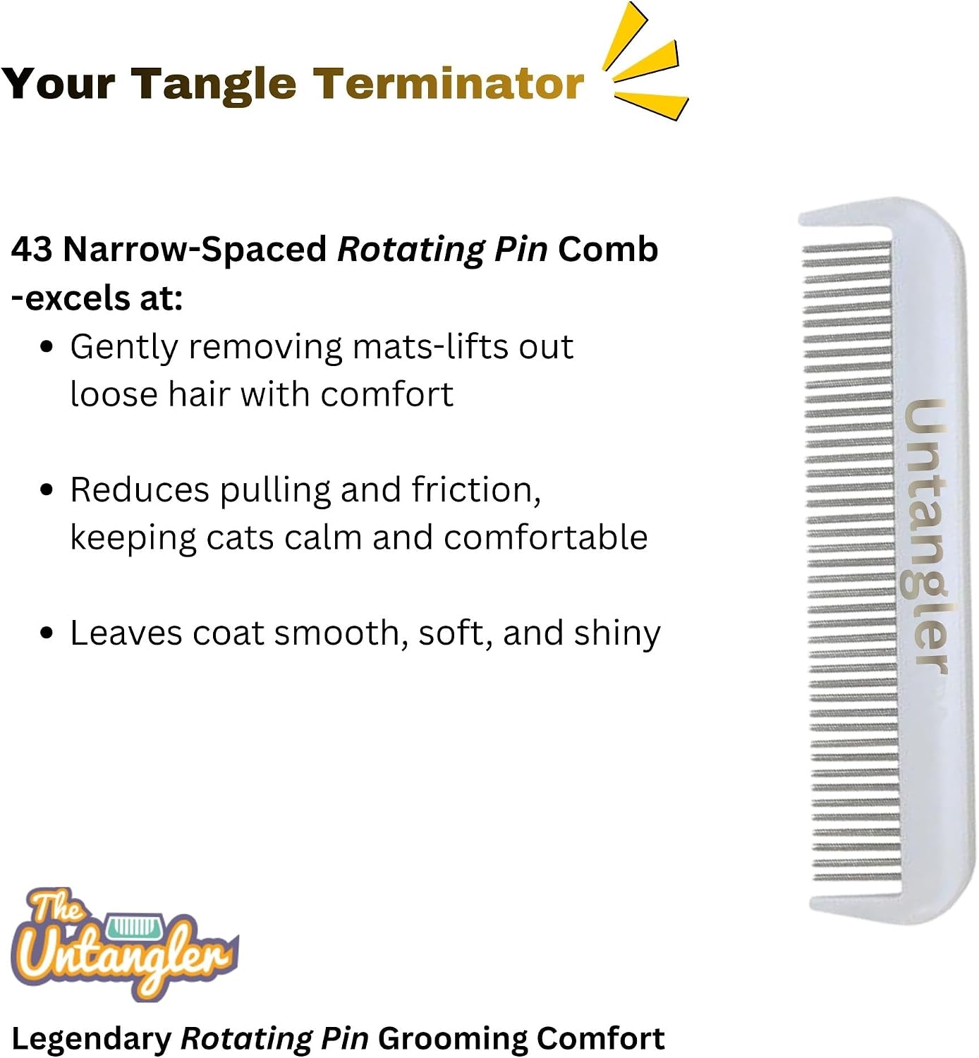 Close up of 43 rotating stainless steel teeth on Untangler comb