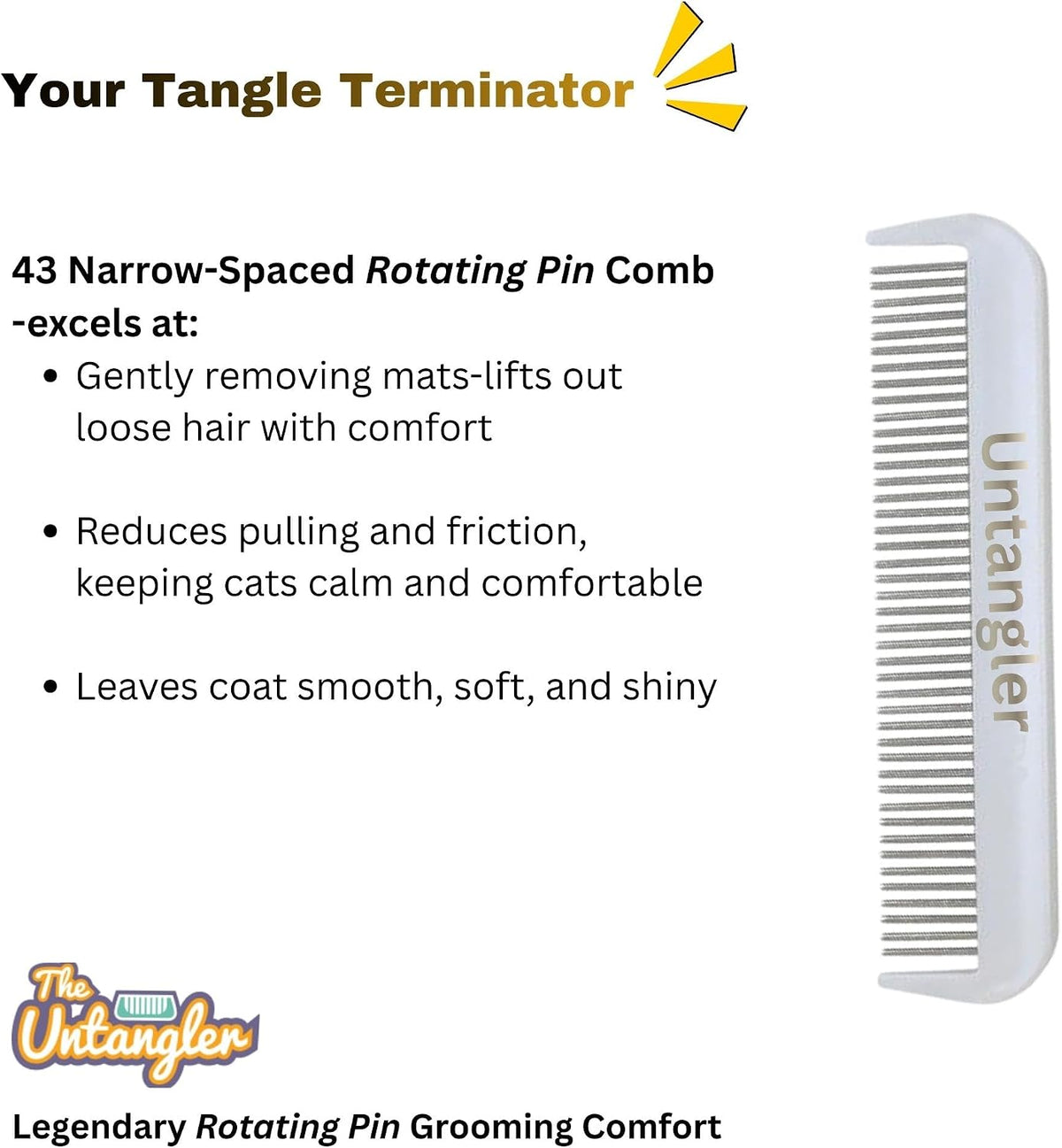 Close up of 43 rotating stainless steel teeth on Untangler comb