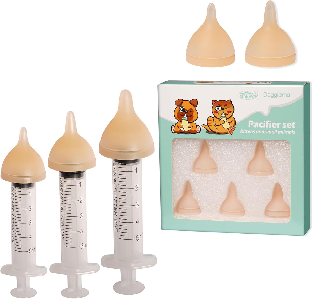 Doggiema liquid silicone animal pacifier attached to the precision delivery syringe.