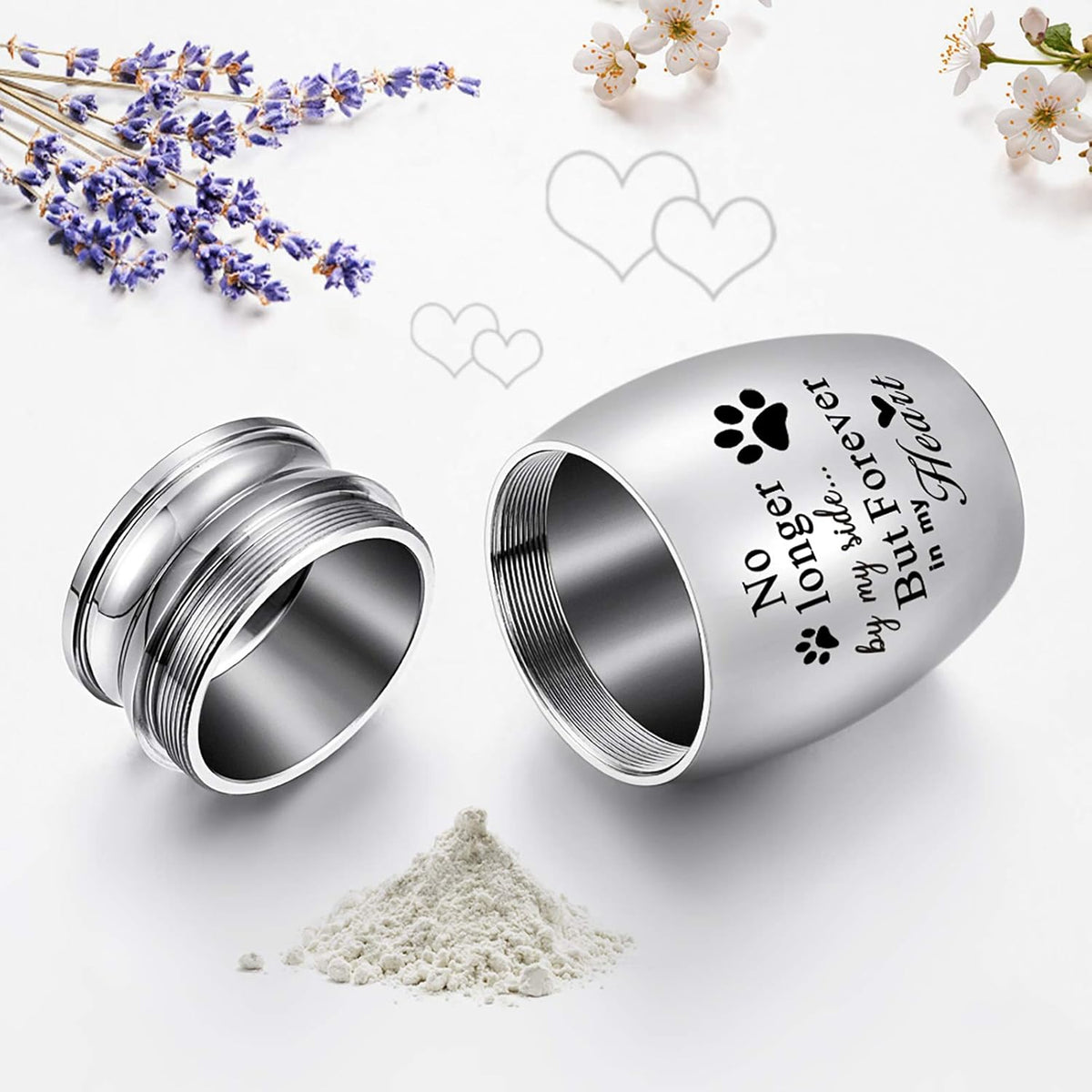 Xiuda small pet cremation urn shown with the included velvet pouch and filling kit.