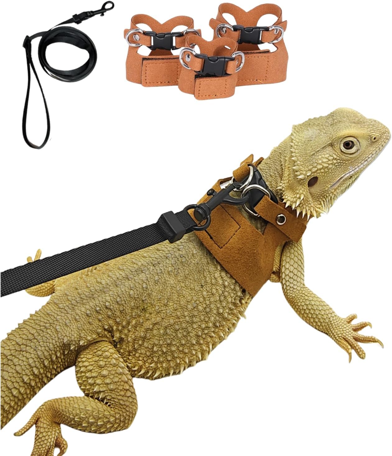 SEZDEKI bearded dragon harness and leash set in brown front view showing three different vest sizes.