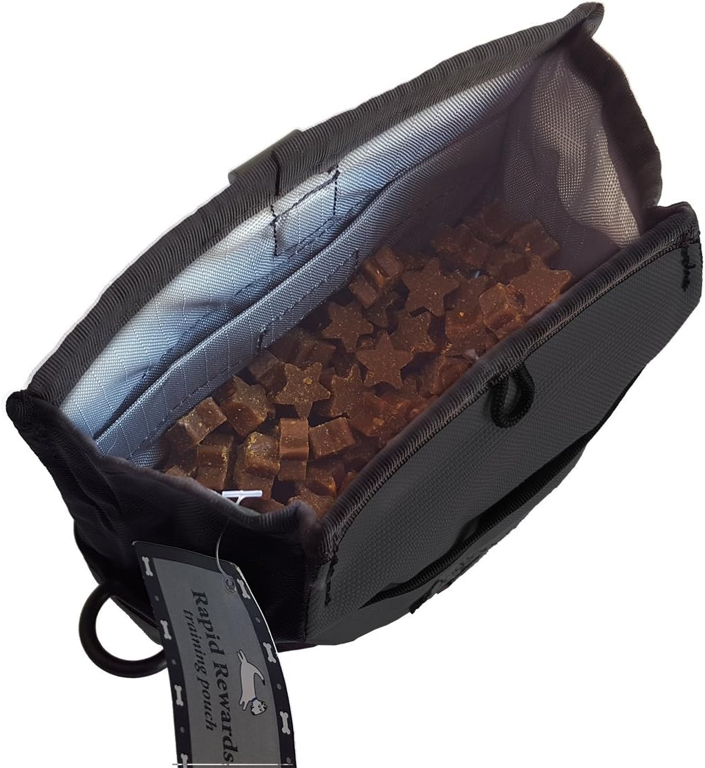Doggone Good training treat bag showing open magnetic main compartment with grey interior lining