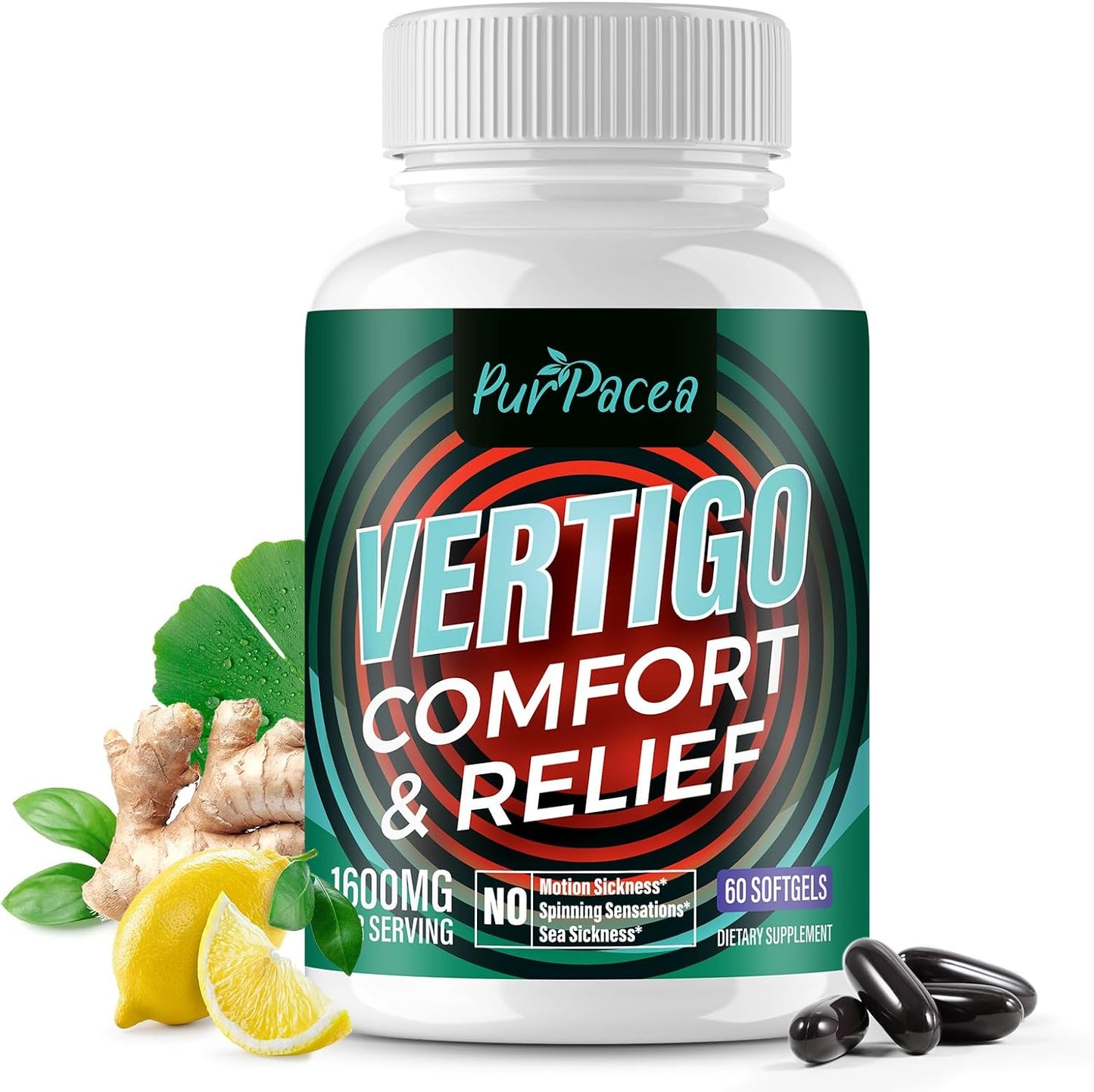 Purpacea Liposomal Vertigo Supplement front view bottle showing 1600mg inner ear balance formula.