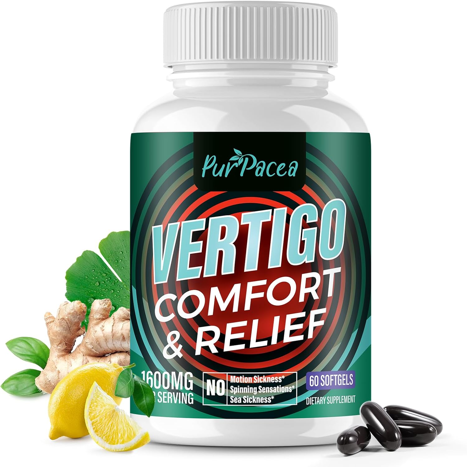 Purpacea Liposomal Vertigo Supplement front view bottle showing 1600mg inner ear balance formula.