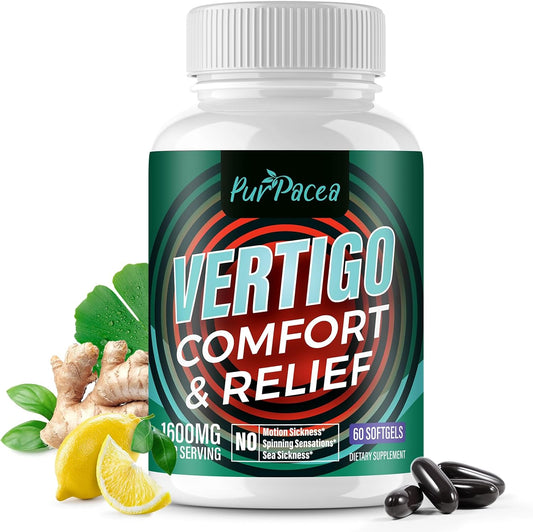 Purpacea Liposomal Vertigo Supplement front view bottle showing 1600mg inner ear balance formula.