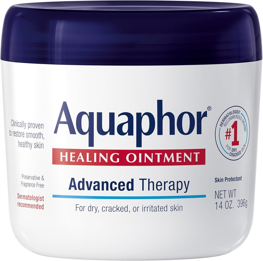 Aquaphor Healing Ointment 14 Ounce Jar front view showing advanced therapy skin protectant label for dry cracked skin moisturizing