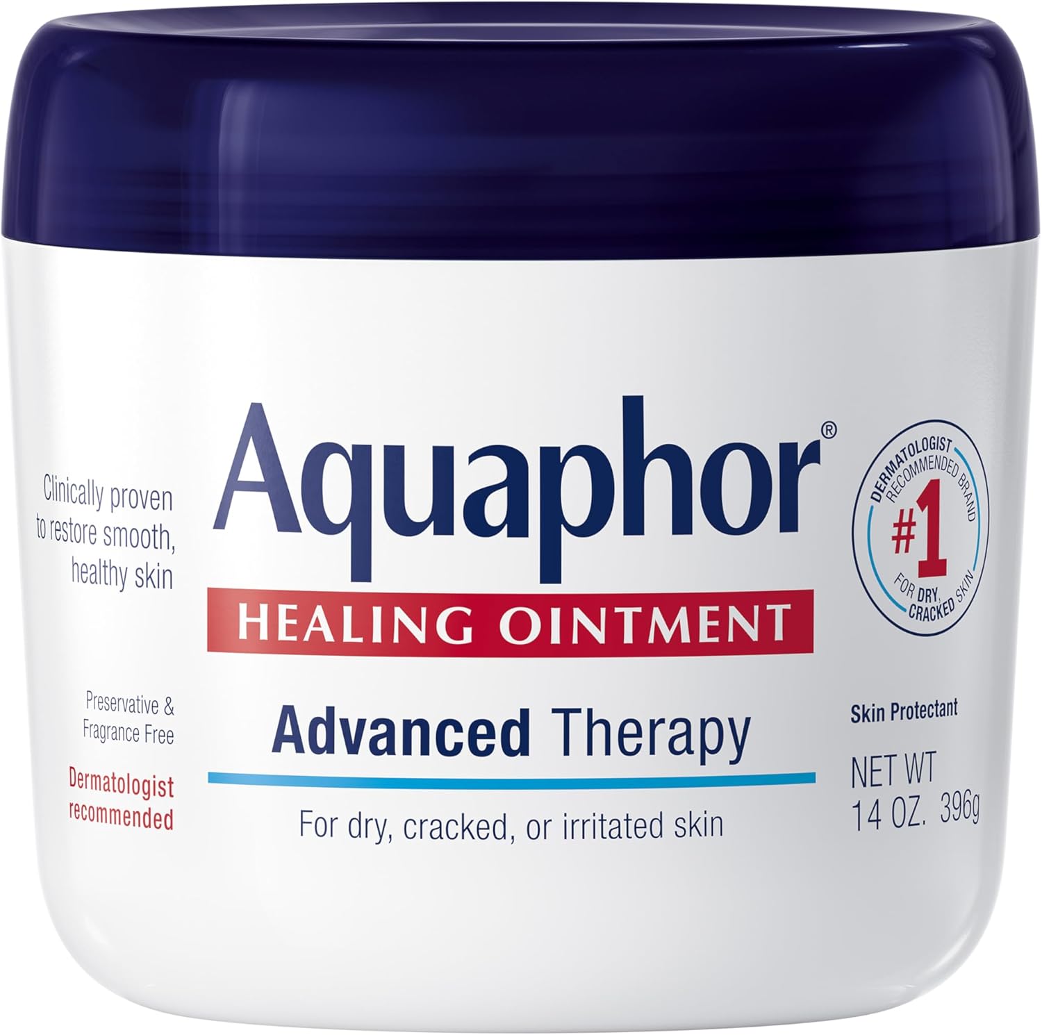Aquaphor Healing Ointment 14 Ounce Jar front view showing advanced therapy skin protectant label for dry cracked skin moisturizing
