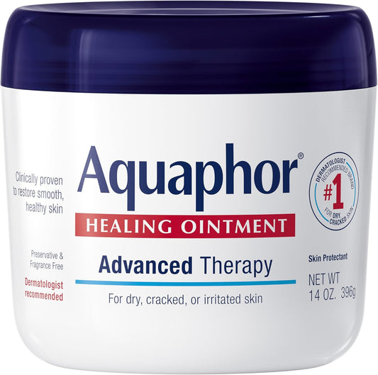 Aquaphor Healing Ointment 14 Ounce Jar front view showing advanced therapy skin protectant label for dry cracked skin moisturizing