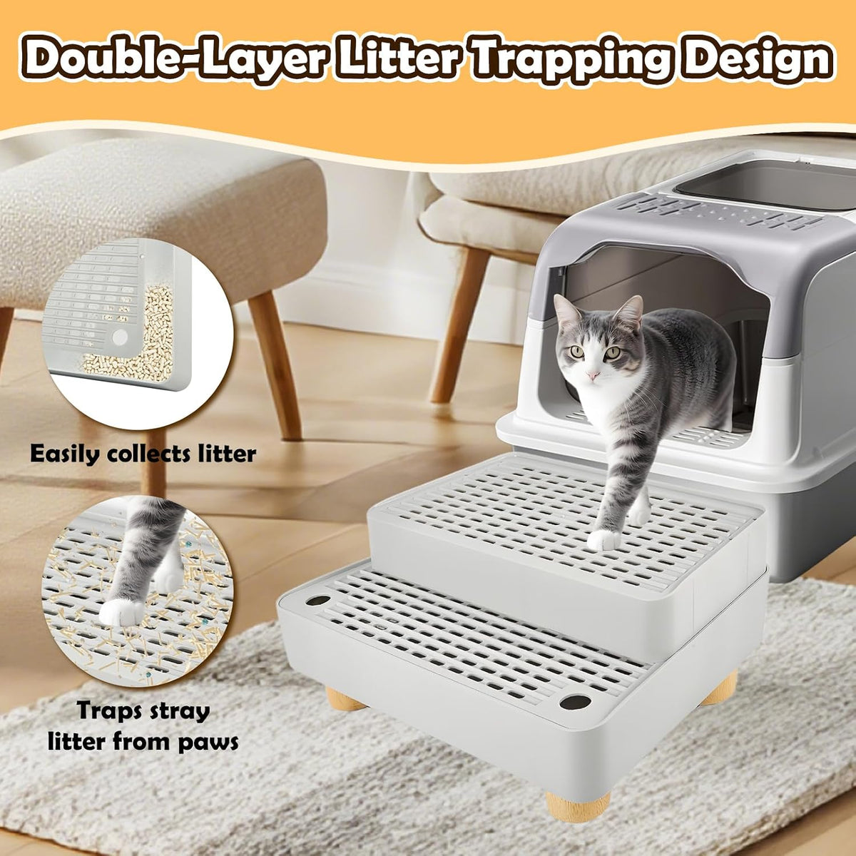 SpaceTime kitty litter mat showing height adjustable stackable steps and non slip feet