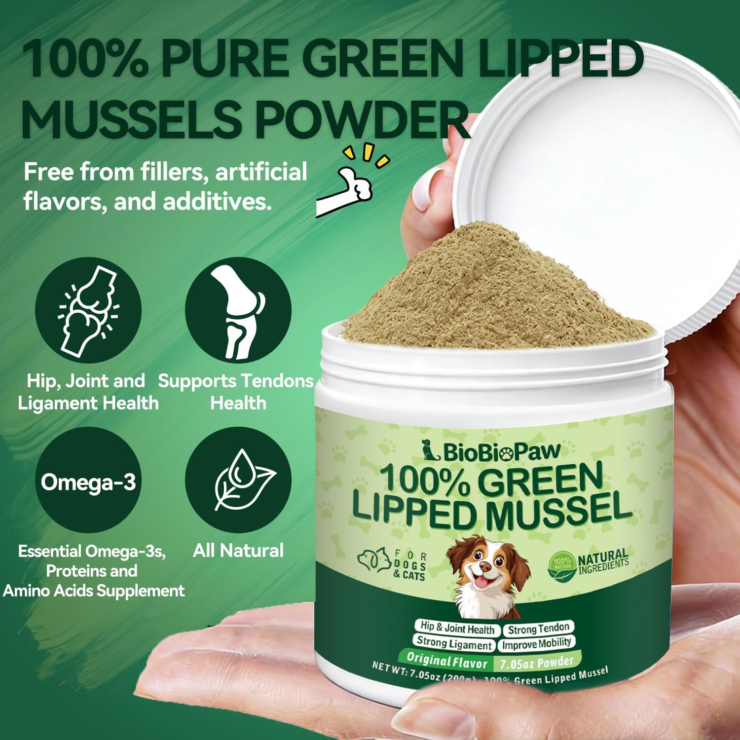BioBiopaw pure green lipped mussel powder side label showing clear feeding guidelines for cats and dogs