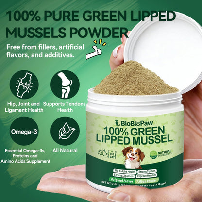 BioBiopaw pure green lipped mussel powder side label showing clear feeding guidelines for cats and dogs