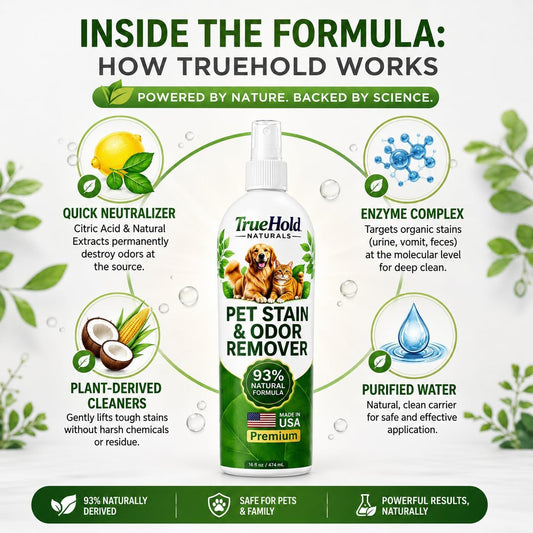 Enzymatic dog and cat urine cleaner spray packaging showing natural ingredients