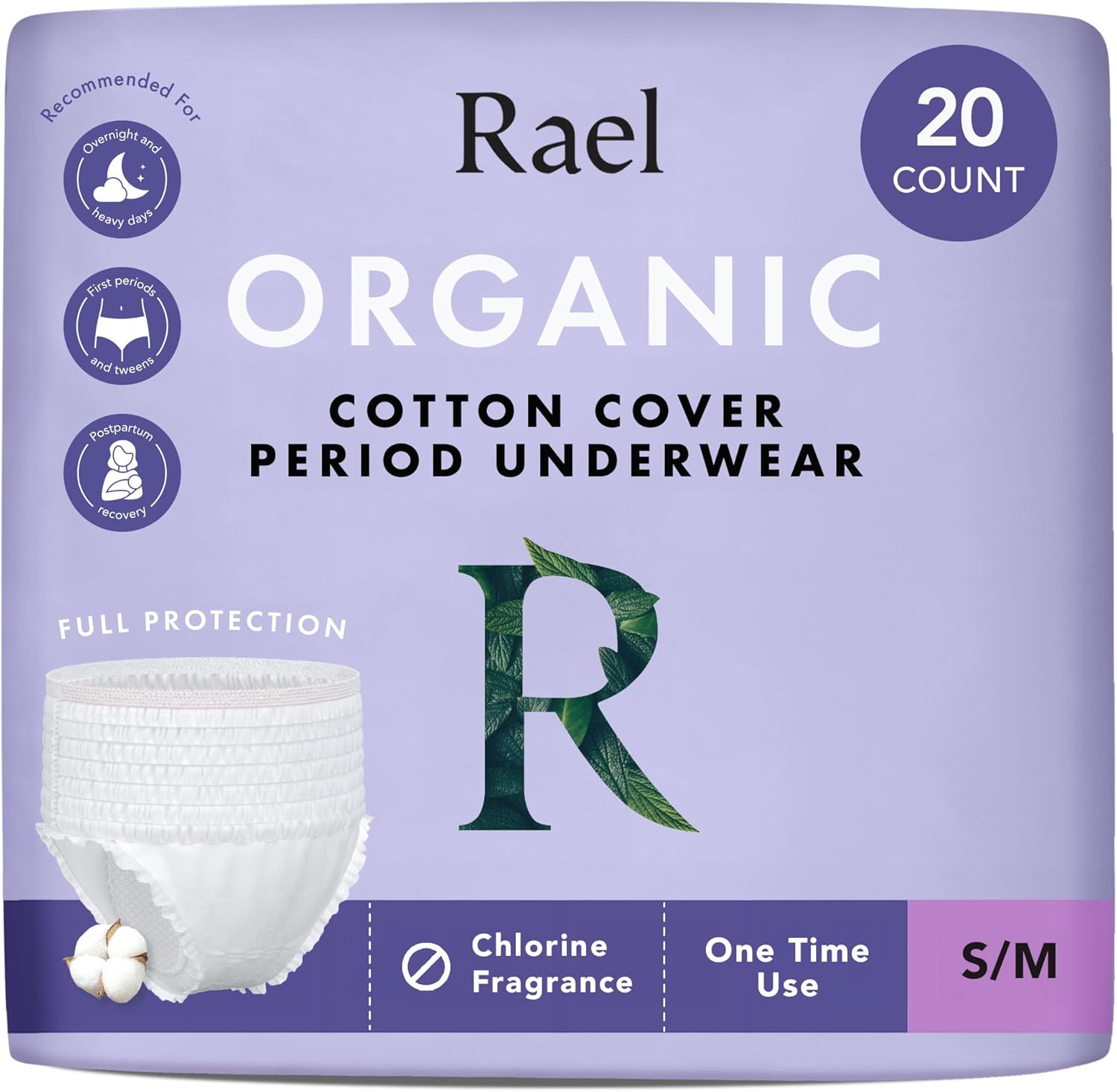 Rael disposable underwear for women organic cotton cover front packaging view showing twenty count size small to medium