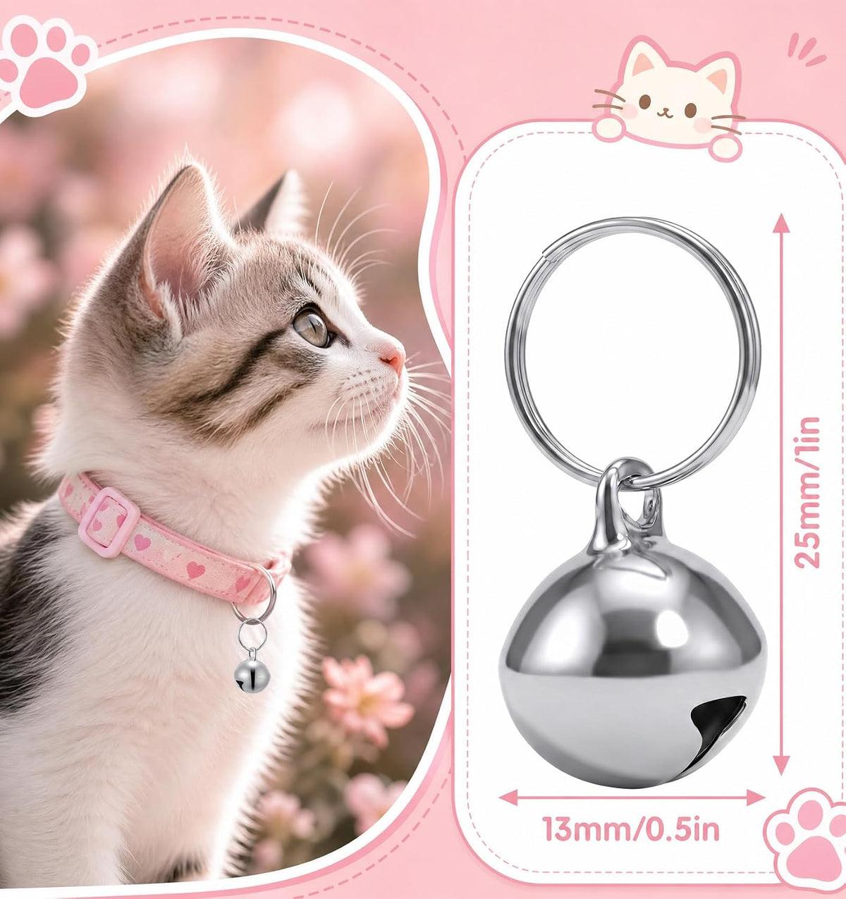 Thrymme silver pet collar bells displayed on a lightweight cat collar charm accessory