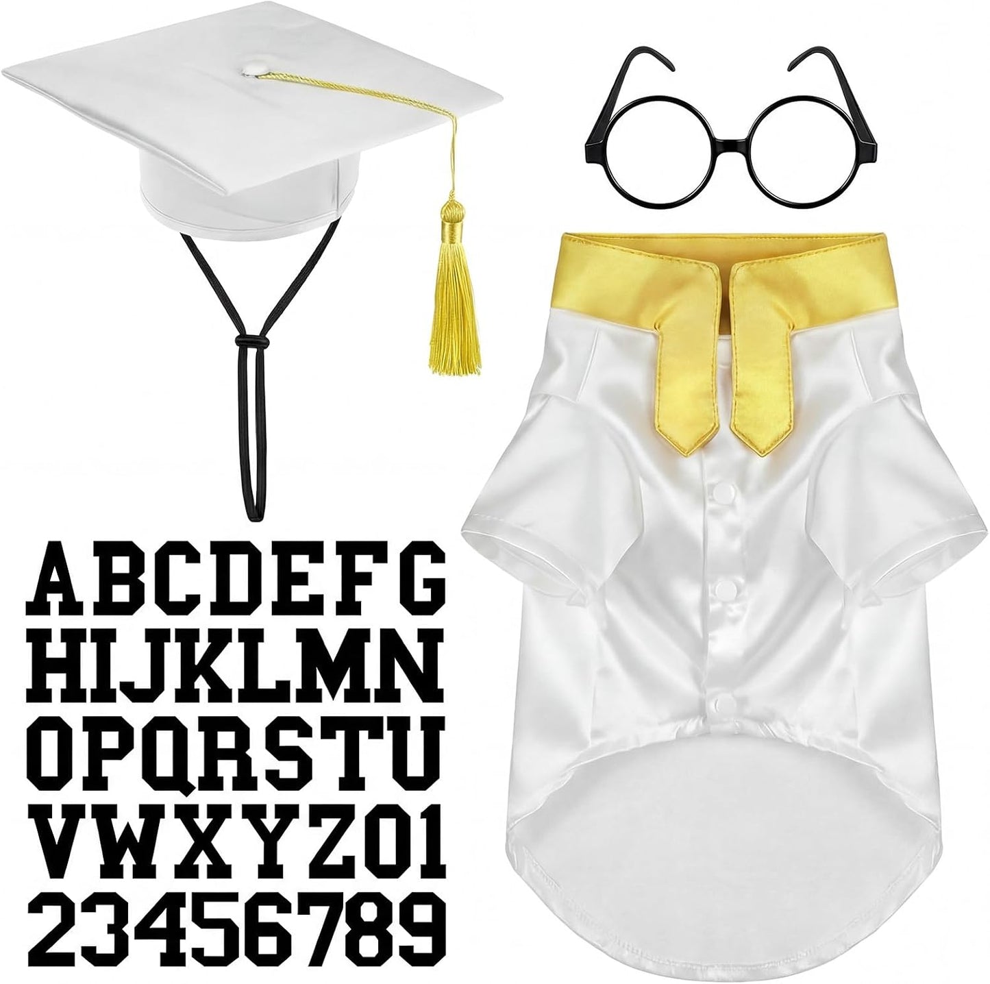 Huhumy 5 Pcs Dog Graduation Costume Set Include 2026 Pet Graduation Gown with Stole Puppy Grad Cap Lensless Glasses DIY Letter Stickers for Dogs Cats Holiday Costume Accessory(Black Yellow,S) - Image 11