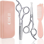 CIICII kids hair cutting scissors shears kit front view showing safety round tip cutting shears and thinning scissors