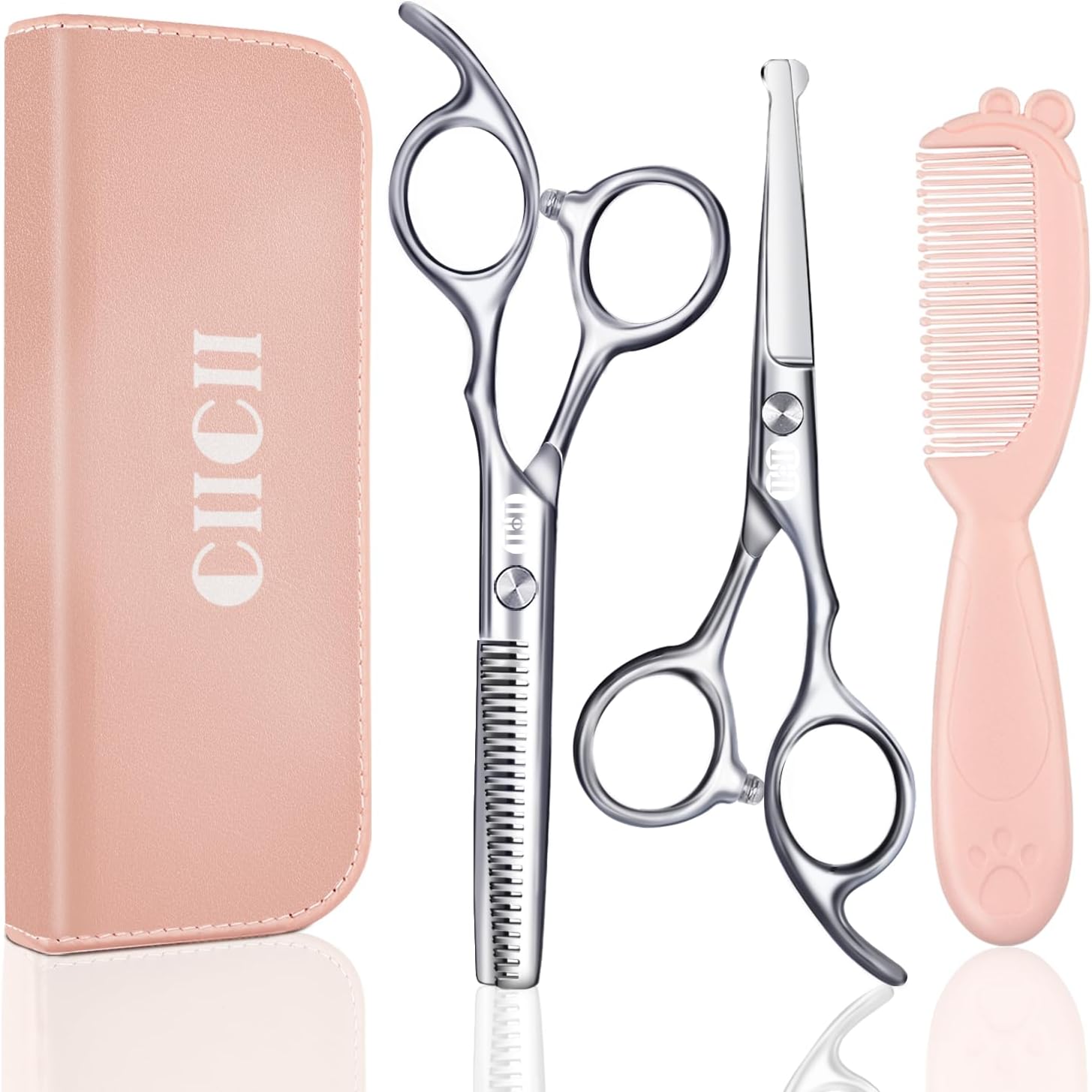 CIICII kids hair cutting scissors shears kit front view showing safety round tip cutting shears and thinning scissors