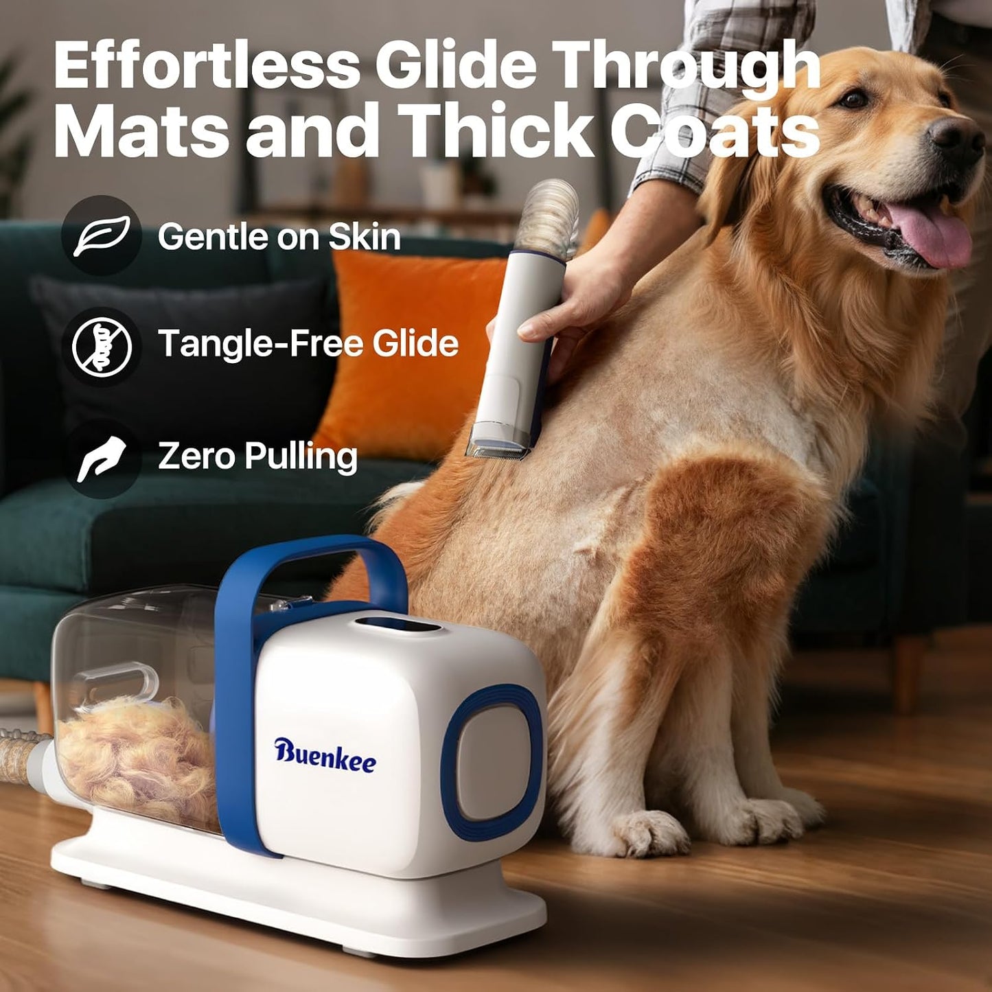 Buenkee dog shedding brush attachment removing loose undercoat fur from a pet.